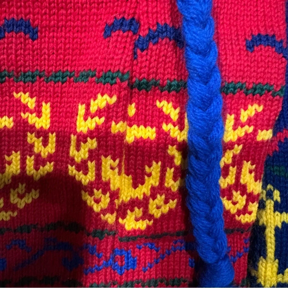 Vtg 100% Wool Handknit Scarf Hat Set Red Blue Nautical Tassel Fringe Vermont